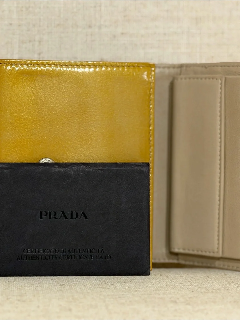 Prada Glossy Mustard Patent Leather Wallet with Silver Logo Bar